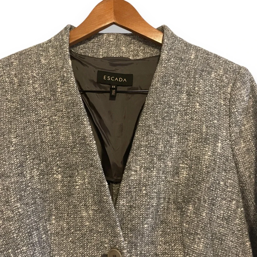 ESCADA Women's Tweed Blazer Jacket Gray Collarless Size XL 44 Virgin Wool Alpaca